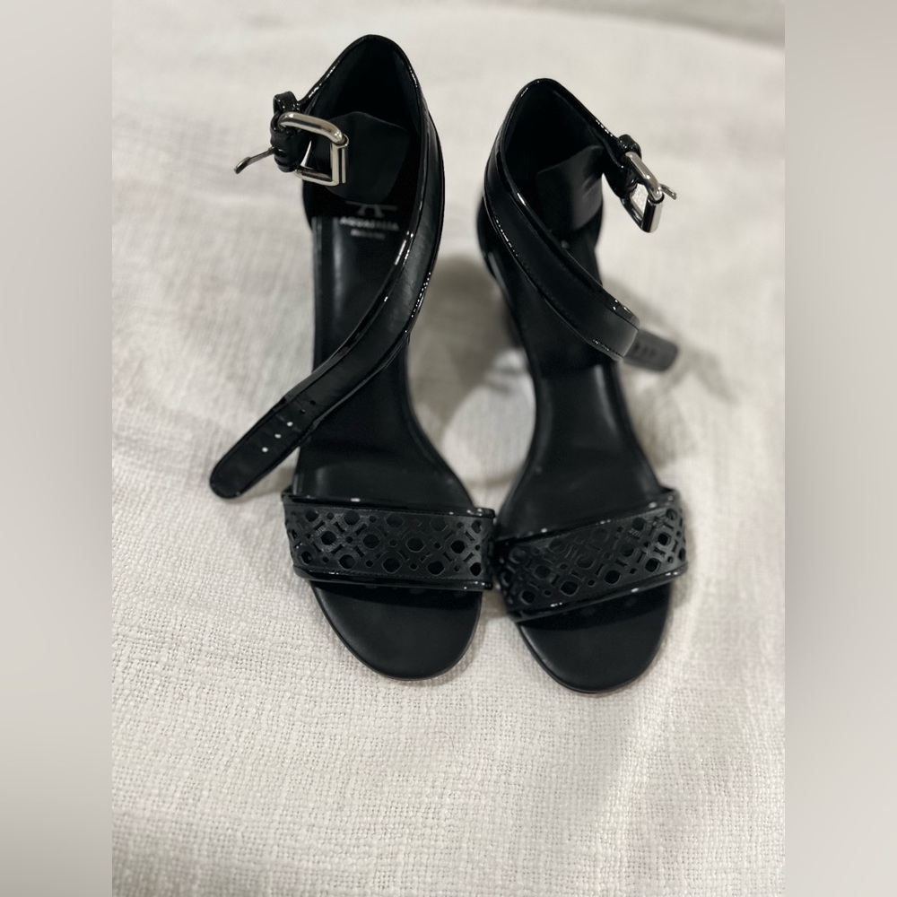 Aquatalia Doria Patent Leather Wedge Sandals Black Size  8.5
